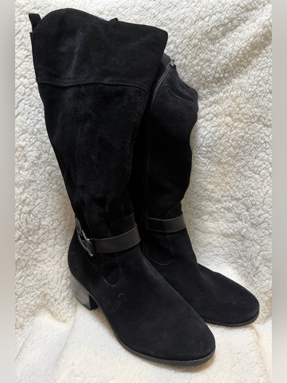 Marc Fisher Black Suede Wide Calf Tall Boots Women’s 11W Buckled Strap